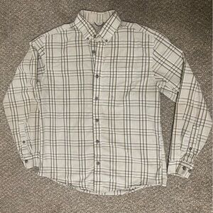 Eddie Bauer Men's Small Button Front Long Sleeve Shirt Tan Plaid Hidden Pocket